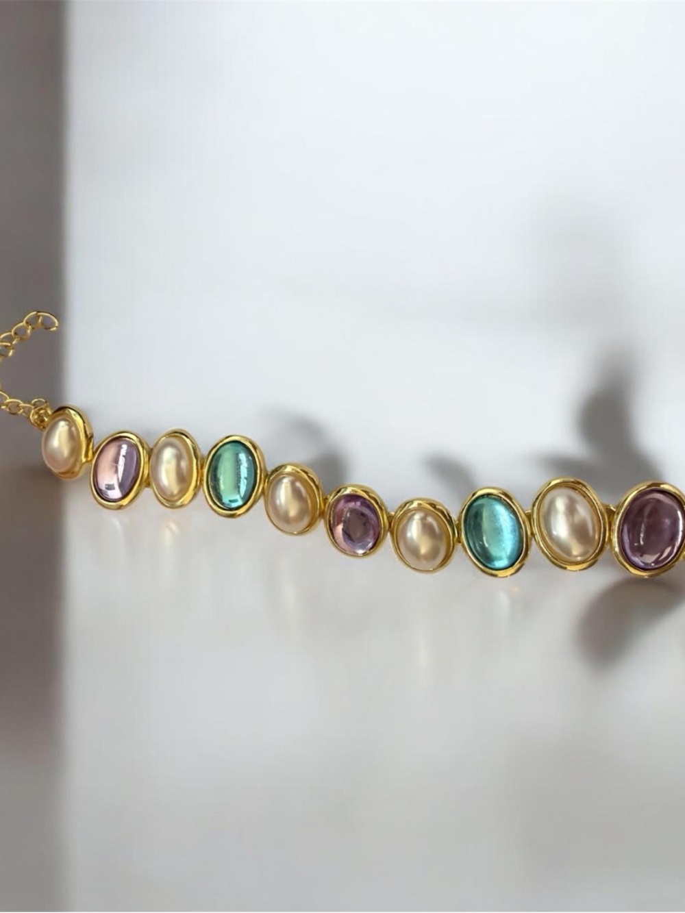 Adina Eden-Bracelet with Pearls, Teal & Lavender Cabochons